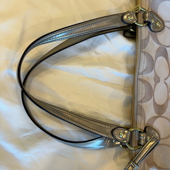 Coach gold and tan jacquard fabric tote with tan trim, pink satin lining. - Picture 11 of 12